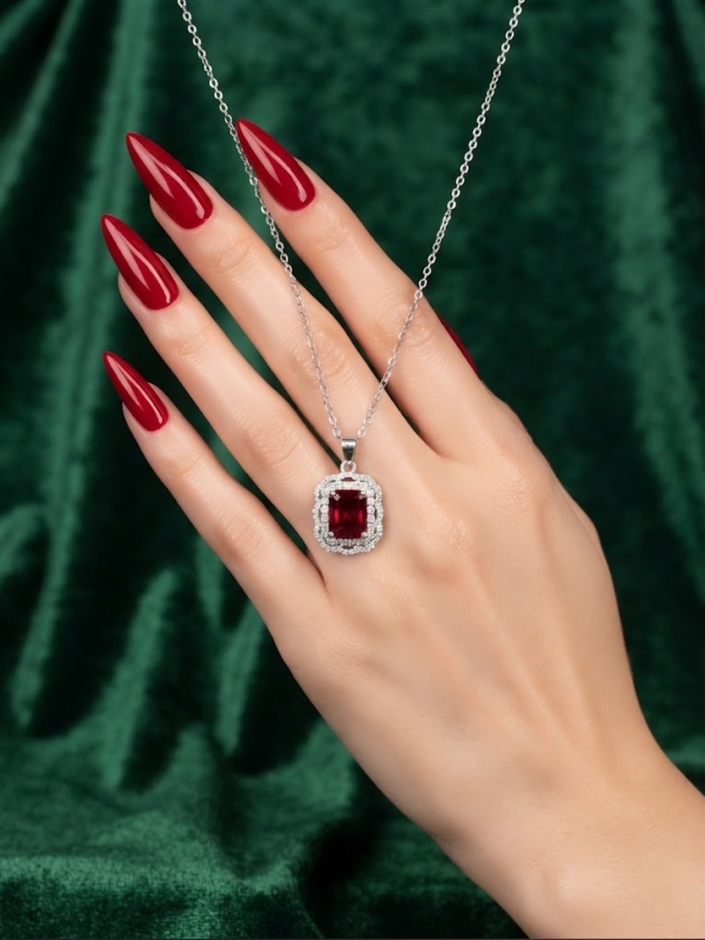 14K Gold Plated Red Gemstone Halo Pendant Necklace